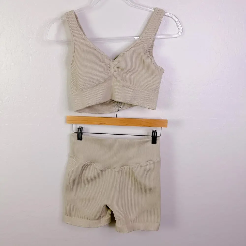 Jojoans Ribbed Sports Bra & Biker Shorts 2 Piece Gym Workout Set Ivory Sz L NWOT